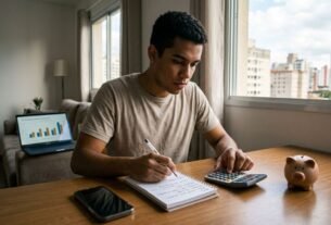 Jovem brasileiro organizando o orçamento doméstico com anotações sobre renegociação de dívidas e cofrinho para reserva