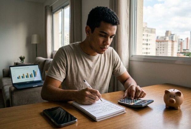 Jovem brasileiro organizando o orçamento doméstico com anotações sobre renegociação de dívidas e cofrinho para reserva