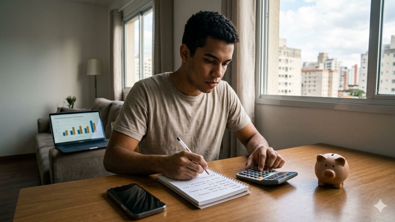Jovem brasileiro organizando o orçamento doméstico com anotações sobre renegociação de dívidas e cofrinho para reserva